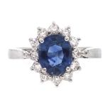 18ct white gold sapphire and diamond cluster ring, hallmarked, sapphire approx 1.
