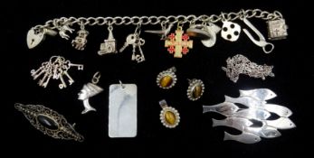 Silver shoal of fish brooch stamped 925, hallmarked silver charm bracelet, pendants,