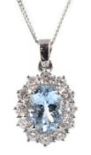 18ct white gold aquamarine and diamond cluster pendant, hallmarked on white gold necklace chain,