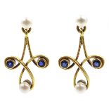 Pair of 18ct gold sapphire and pearl pendant earrings,