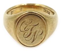 Gold signet ring, inscribed CJN, hallmarked 9ct, approx 9.