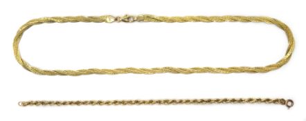 Gold flattened rope chain necklace and gold rope chain bracelet, both hallmarked 9ct, approx 9.