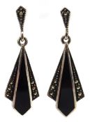 Pair of black onyx and marcasite pendant earrings,