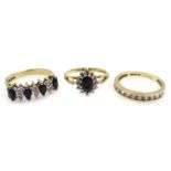 14ct gold cubic zirconia half eternity ring and two 9ct gold diamond and sapphire rings,