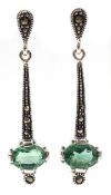 Silver green tourmaline and marcasite pendant earrings,