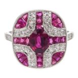 Platinum (tested) ruby and diamond ring,
