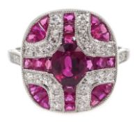Platinum (tested) ruby and diamond ring,
