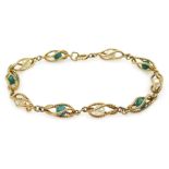 Gold turquoise and pearl twist link bracelet, stamped 9.