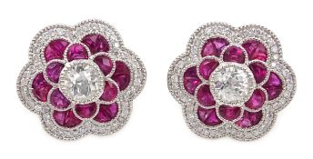 Pair of 18ct white gold (tested) ruby and old cut diamond flower design earrings