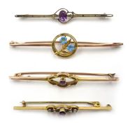 Rose gold amethyst brooch, stamped 15ct, gold, blue enamel flower design bar brooch,