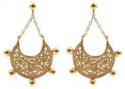 Pair of 9ct gold filigree crescent shape earrings,