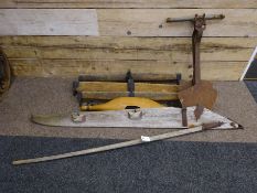 Vintage Agricultural Tools - a yoke, three wood and iron wagon singletrees,