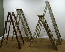 Three vintage timber decorators ladders (H184cm, H155cm,