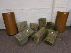 Five stone gate post tops, various sizes, and a composite tapering planter,