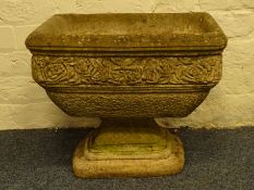 Composite stone square urn on pillar, W53cm, H41cm,