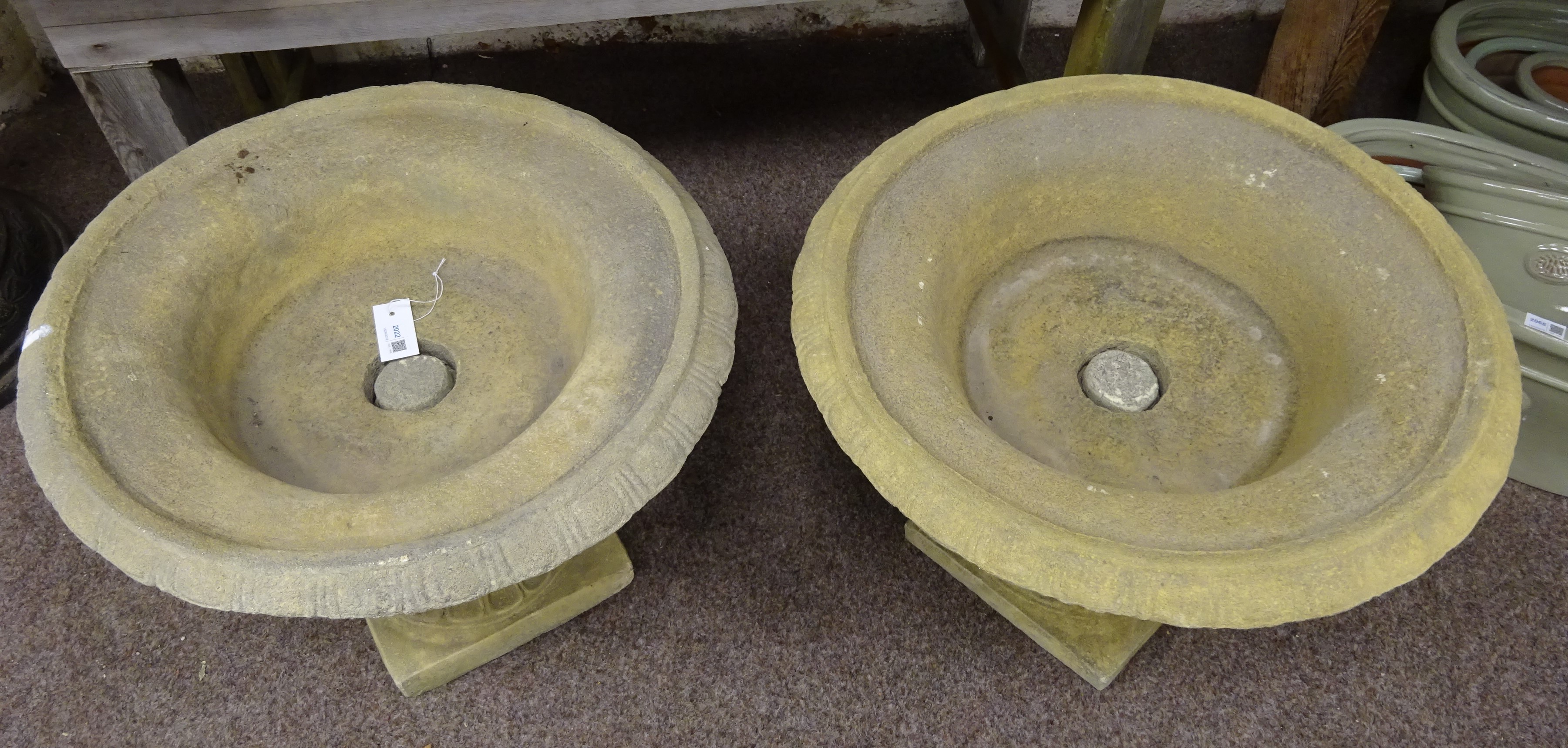 Pair composite stone urn planters, circular form with egg and dart rim and gadroon underside, - Image 2 of 2