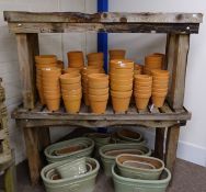 Two wooden potting tables, 157cm x 67cm, H83cm & 156cm x 50cm,
