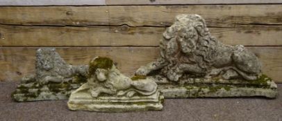 One large stone recumbent lion plaque (L80cm) and two small matching lions (L46cm)