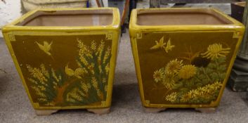Pair 20th century large Chinese terracotta planters, square tapering form,