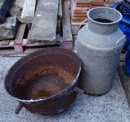 Large metal milk churn (D34cm, H69cm) and a metal couldron (D60cm,