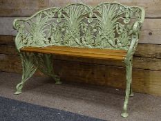 Coalbrookdale style cast metal Wheat Sheaf pattern bench, hardwood slatted seat,