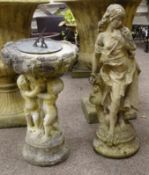 Two composite garden figure of a female H67cm, and a sundial on cherub support,