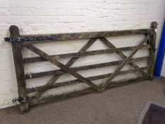 Pair of large wooden five bar farm field gate, with wrought metal hinges, latch and stay, W259cm,