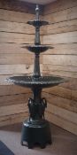 Large three tier cast iron fountain, egg and dart edge, swan and reeded columns, green finish,
