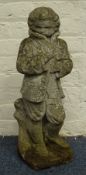 Composite stone statue of man sheltering from the elements,