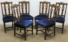 Set eight (6+2) continental style oak dining chairs, swag and leaf carved cresting rail,