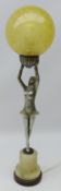 Art Deco silvered spelter table lamp modelled as a lady dancer holding a globular glass shade below