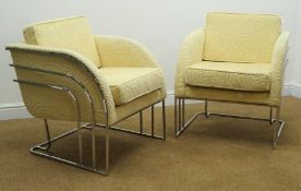 Pair cream armchairs with chrome style supports,