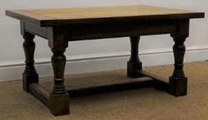 Early 20th century oak coffee table, turned supports joined by stretchers, W91cm, H46cm,