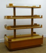Oak finish shop unit, six shelves with partial glazed sides, W61cm, H140cm,