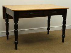 Victorian single drop leaf pine table, two drawers, turned supports, W122cm, H77cm,