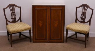 Pair 19th century mahogany side chairs, shaped cresting rail, pierced harp splat, upholstered seats,