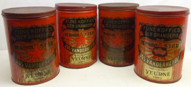 Four early 20th century Dutch painted Coffee tins of cylindrical form 'Fune Koffies Der Branderu'