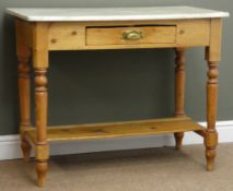 Victorian polished pine washstand, moulded marble top above single drawer,