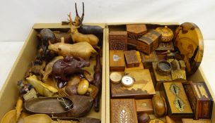 Various carved wooden animals, carved African figures, treen including, two novelty cigarette boxes,