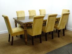French style ebonised walnut table with gilt detailing and square supports (98cm x 210cm,