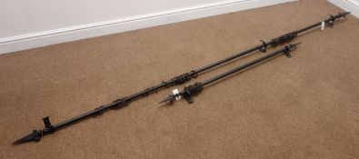 Two metal curtain poles, painted black finish, finial ends,
