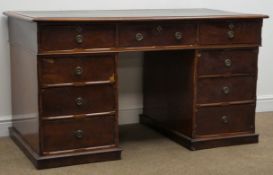 19th century mahogany twin pedestal desk, inset brown leather moulded top, nine drawers,