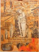 Iraq war, collage of related newspaper cuttings and soldiers, on canvas, 102 x 76cm, unframed