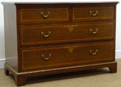 Edwardian inlaid mahogany chest, two short and three long drawers, shaped plinth base, W122cm,