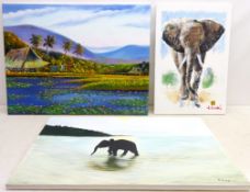 African Elephants and Oriental Scenes, four contemporary acyrilic's on canvas and Nude Figure,
