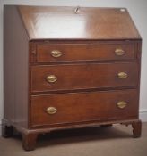 18th century oak bureau, fall front enclosing fitted interior, three drawers,
