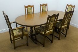 Old Charm oval oak extending table, moulded top, two turned supports joined by single stretcher,