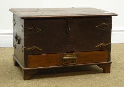 17th century style hardwood mule chest, hinged lid, single drawer, shaped metal work,