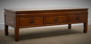 Chinese rosewood coffee table, three drawers, square tapering supports, 127cm x 48cm,