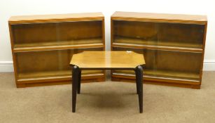 Pair Mid 20th century teak bookcases, two sliding glazed doors enclosing shelf, plinth base (W89cm,